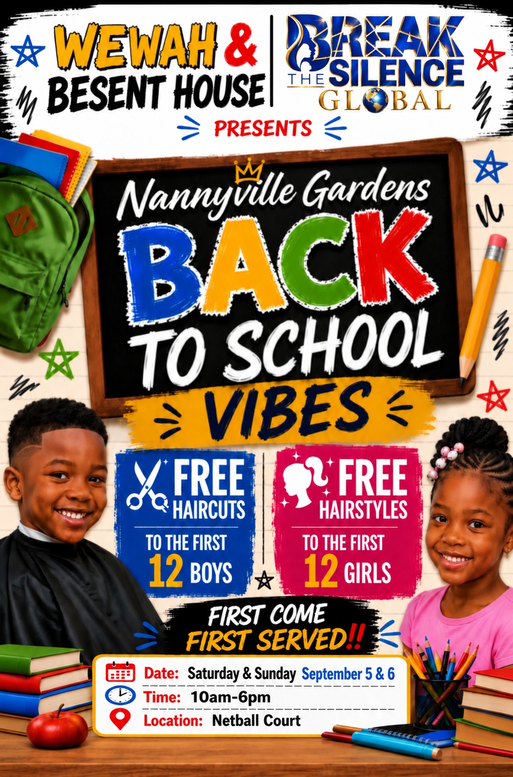Nannyville Gardens Back to School Vibes flyer with Break the Silence Global logo
