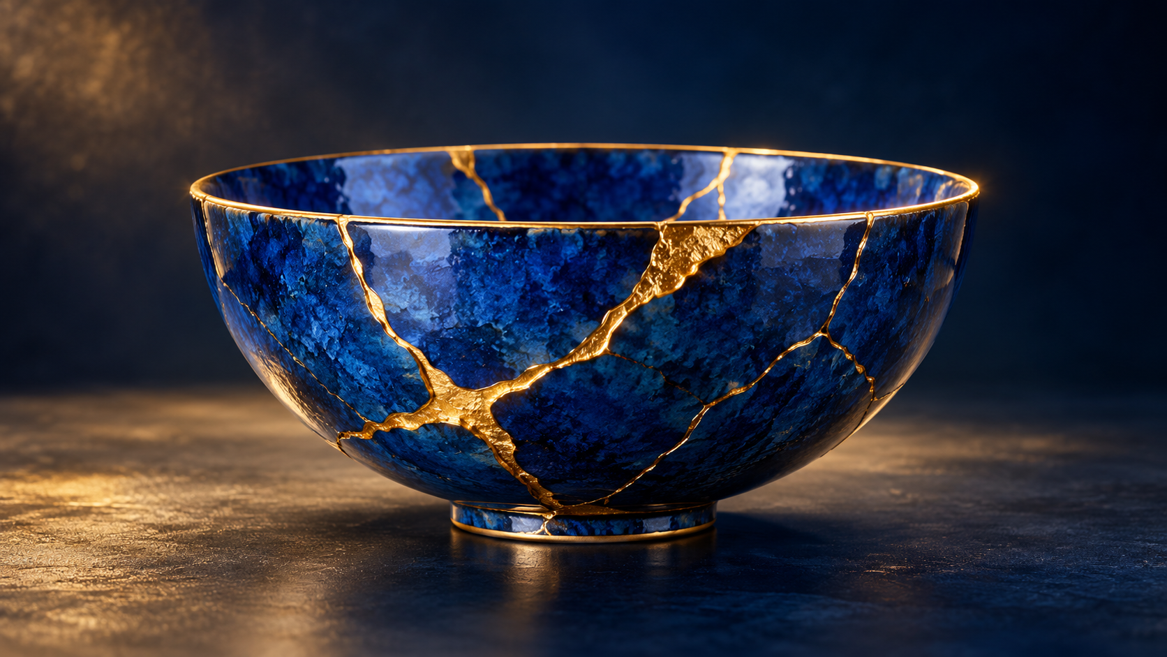 Royal-blue ceramic bowl restored with gold kintsugi seams