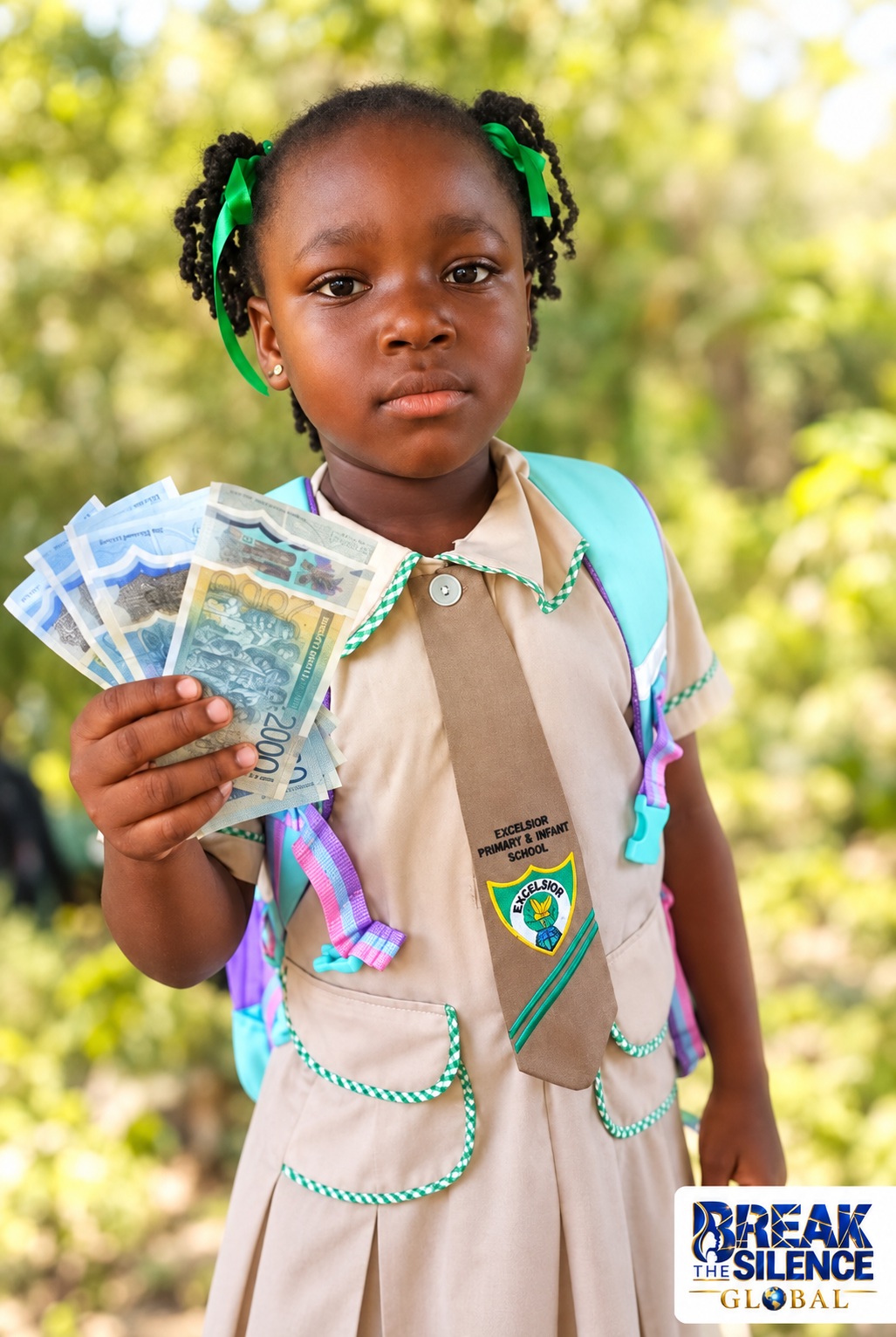 Cash for Grades child recipient with green hair ribbons