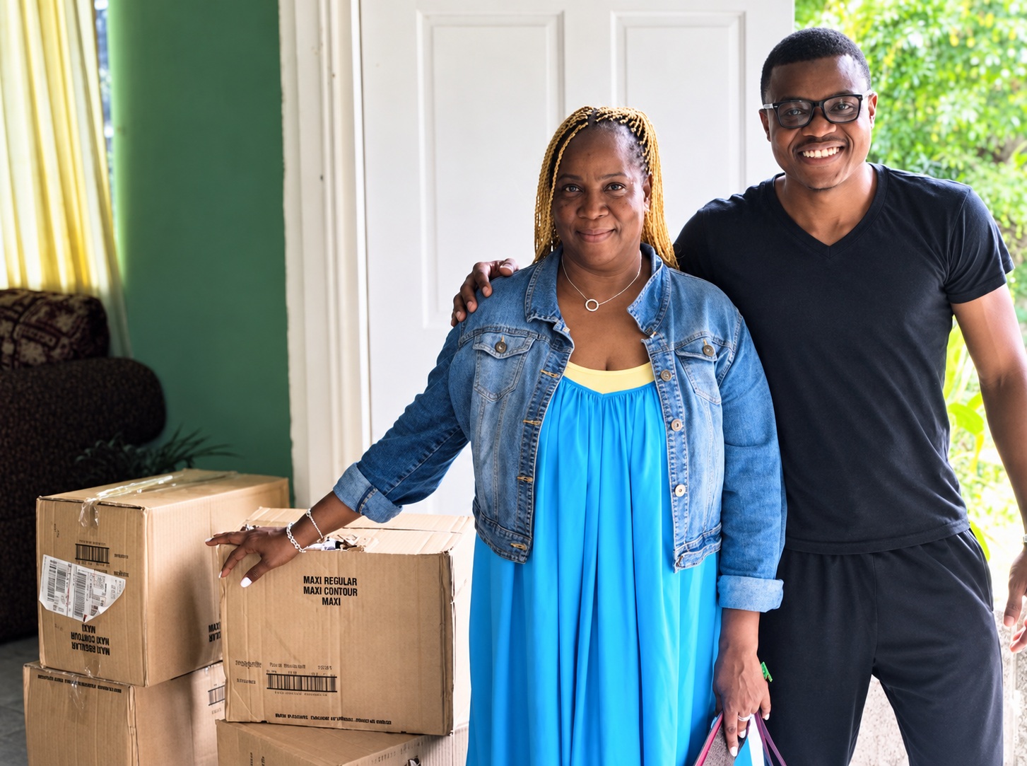 Sandra Wright and a supporter beside boxes of sanitary pads in Jamaica