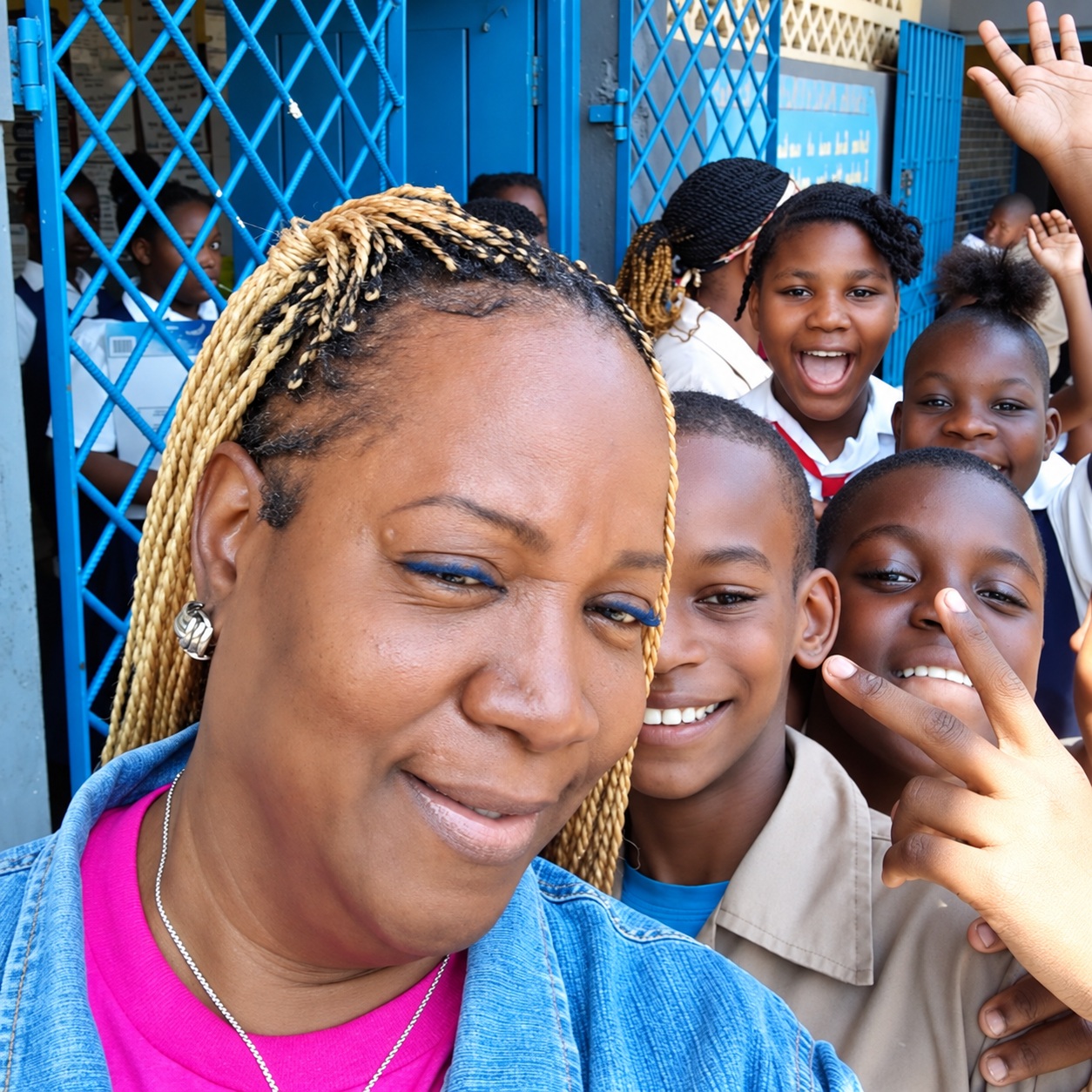 Sandra Wright and students smiling together at the 2023 conflict resolution workshop in Jamaica