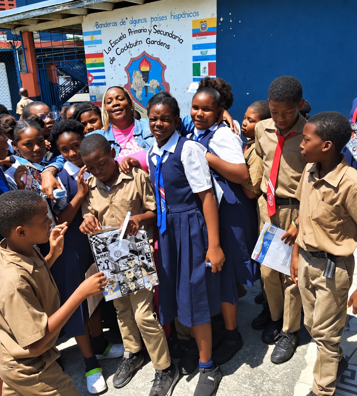 Students gathered with Sandra Wright at school at the 2023 conflict resolution workshop in Jamaica