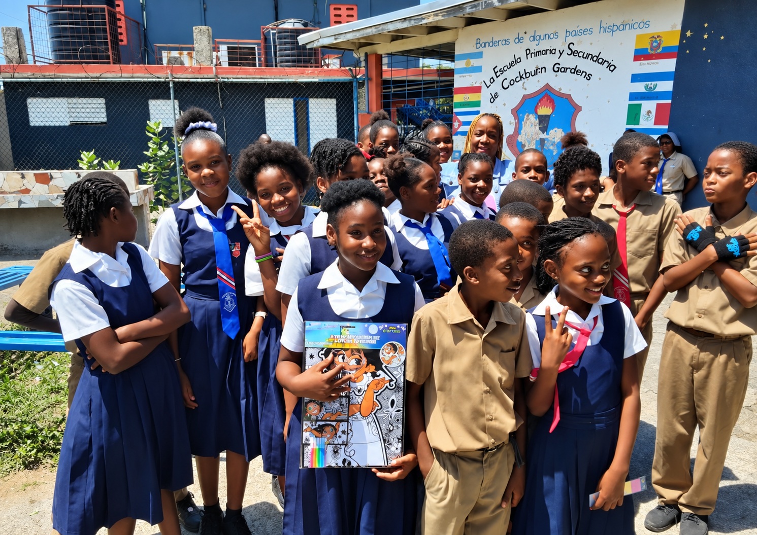 Students together in the school courtyard at the 2023 conflict resolution workshop in Jamaica