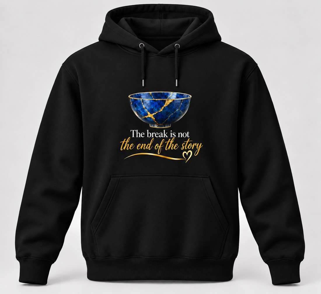 Black pullover hoodie with blue Kintsugi bowl and original gold script