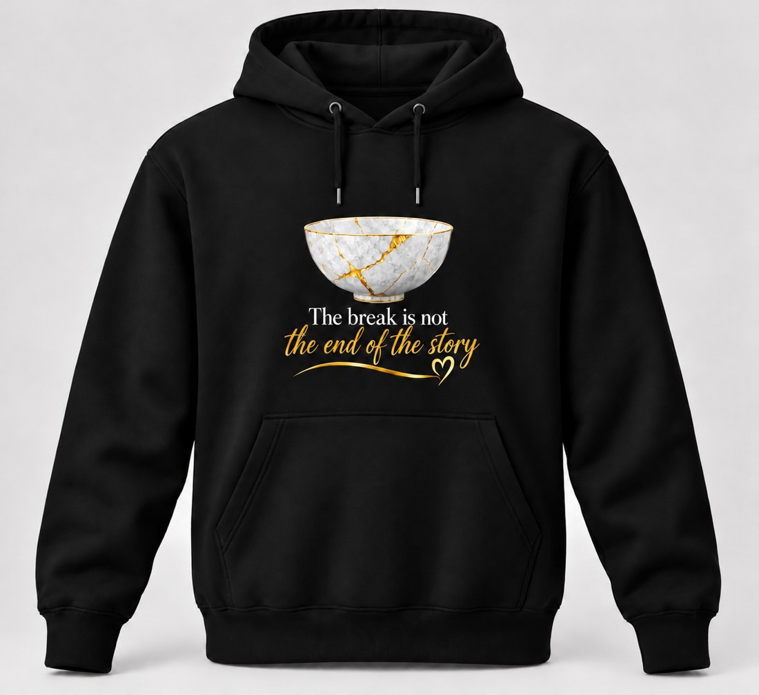 Black pullover hoodie with white Kintsugi bowl and original gold script
