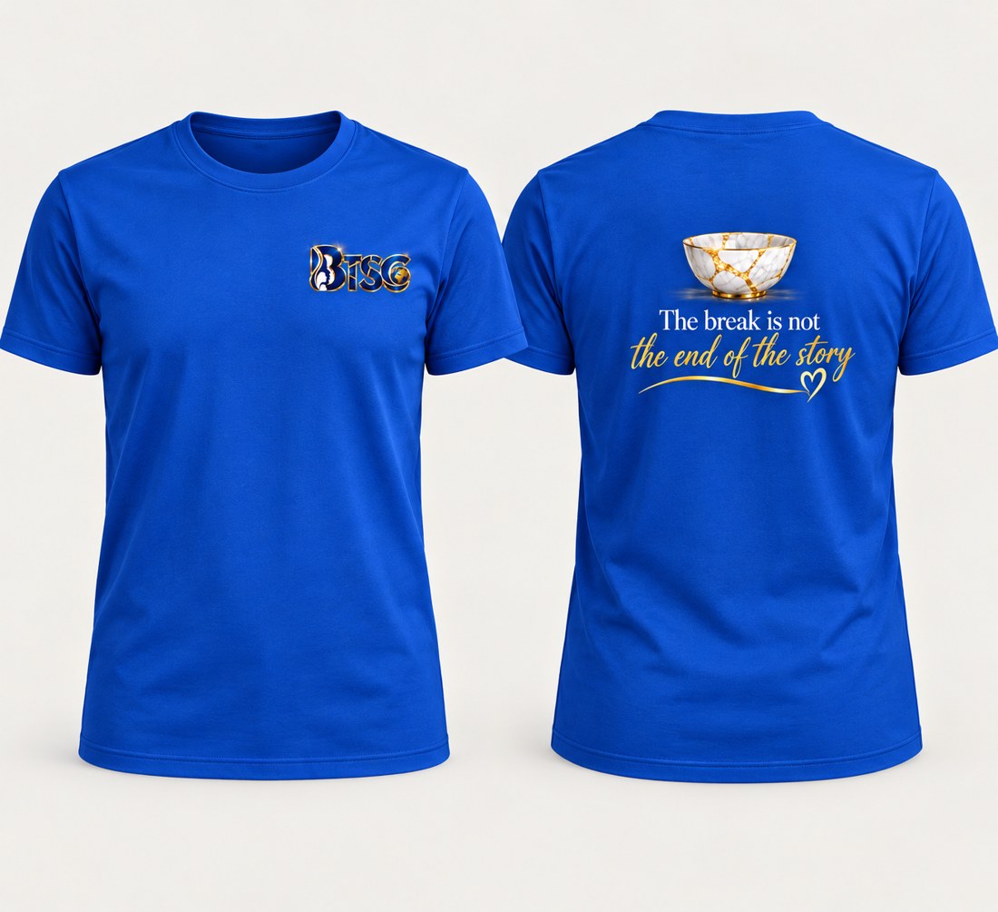 Men’s short-sleeve T-shirt in royal blue with the BTSG Kintsugi design