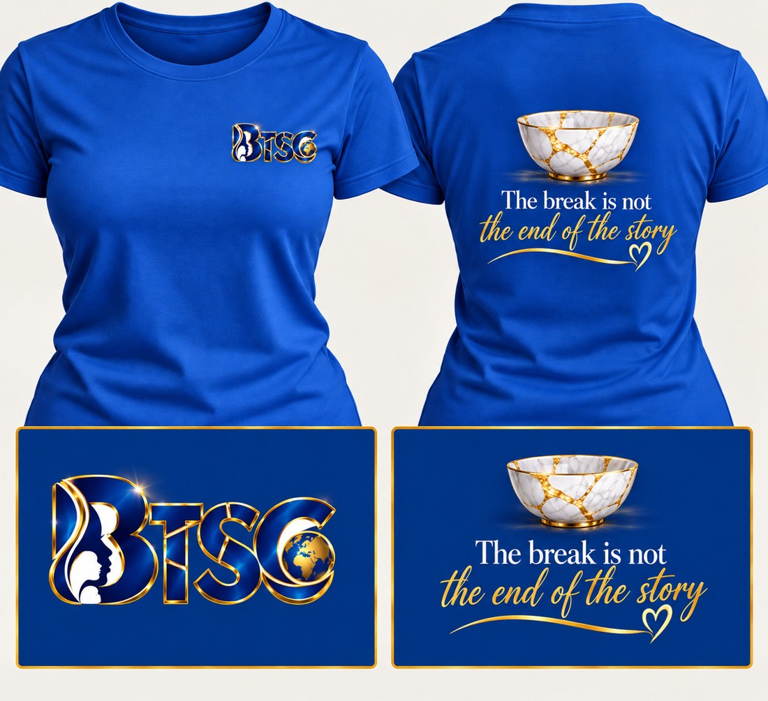 Women’s short-sleeve T-shirt in royal blue with the BTSG Kintsugi design
